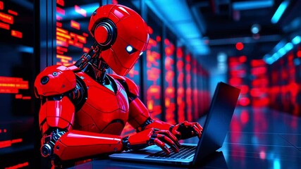 Futuristic red robot working on a laptop in a high-tech server room with glowing data screens