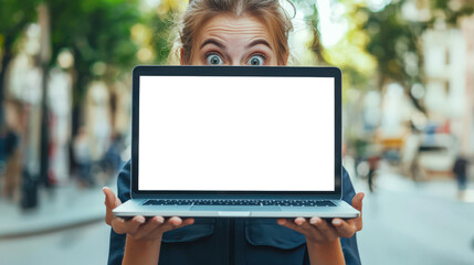 A surprised woman with wide-open eyes holds a laptop with an empty white screen in her hands. Laptop mockup for website advertising. The concept of curiosity and anticipation