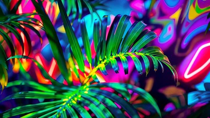 Wall Mural - Vibrant Foliage: A tropical paradise comes alive with vividly colored foliage, showcasing lush green leaves against an abstract backdrop of psychedelic hues.