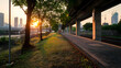 © Hestutiningsih - Scenic Urban Sunset View Over River With Trees Path Under Elevated Road Structure In City