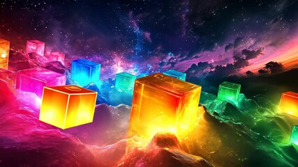 Wall Mural - futuristic abstract landscape with glowing cubes, vibrant colors, surreal and mysterious, isolated o