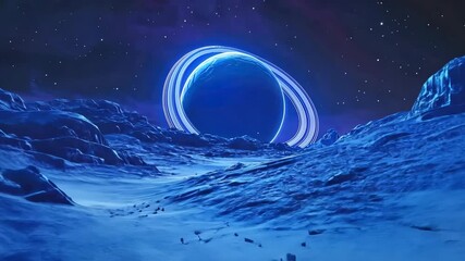 Wall Mural - bright blue planet covered in ice and surrounded by glowing rings