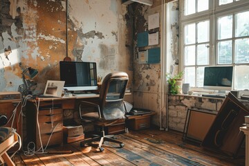 Leinwandbilder - Home office study with worn furniture and computers awaiting renovation for improved design and functionality Generative AI
