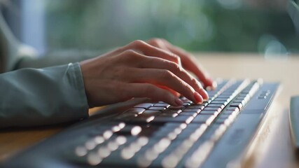Wall Mural - Businesswoman hands typing keyboard at office desk closeup. Unrecognizable woman