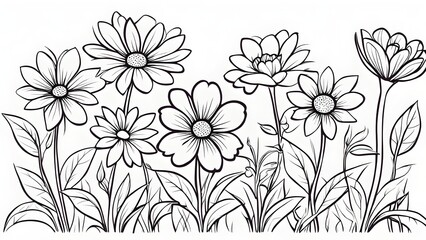  A detailed black white illustration several daisies other flowers full bloom, showcasing their intricate details.