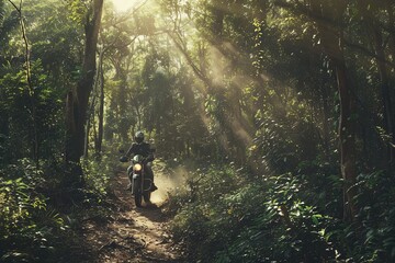 Fototapete - Man rides motorcycle through serene forest trail with dappled sunlight filtering through the trees Generative AI