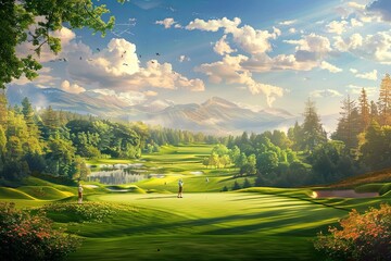 Poster - Golf players enjoying a sunny day on a beautiful course with mountains and trees in the background Generative AI