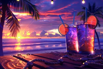 Aufkleber - Cocktails and dancing at a vibrant beach evening celebration with a stunning sunset Generative AI