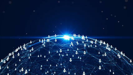 Poster - Futuristic digital illustration of a connected world, featuring a glowing network of nodes and user icons symbolizing global communication, social networking, and data exchange.