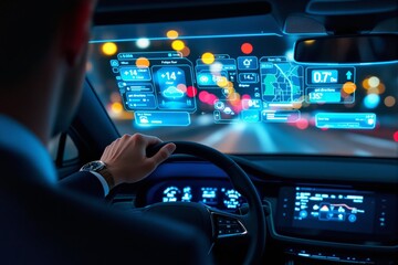 Poster - Futuristic car interior with augmented reality dashboard at night.