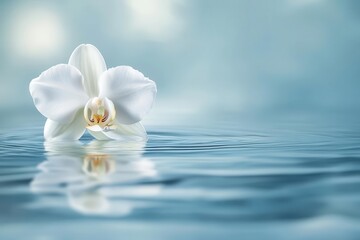 Wall Mural - a single pristine white orchid floating on rippling water illuminated by soft diffused light creatin