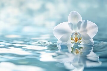 Wall Mural - a single pristine white orchid floating on rippling water illuminated by soft diffused light creatin