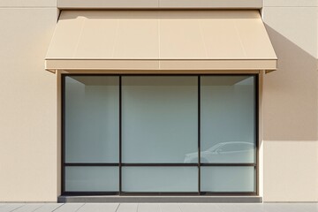Poster - Empty storefront with large glass windows and beige awning.