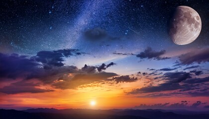 Wall Mural - starry sky and moon night dramatic cloudy sunset