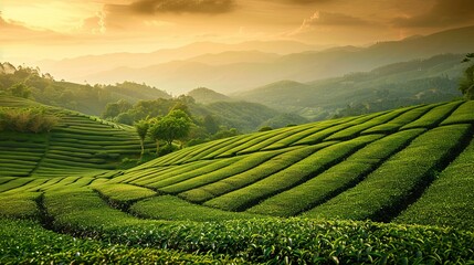 Fototapete - Stunning view of lush green tea plantations during sunset over rolling hills. Generative AI