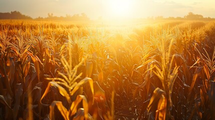 Aufkleber - Sunlit corn fields under a clear sky, showcasing the beauty of organic farming during golden hour Generative AI