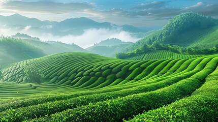 Aufkleber - Lush green tea plantations rolling across valleys with distant mountains under a soft morning light. Generative AI