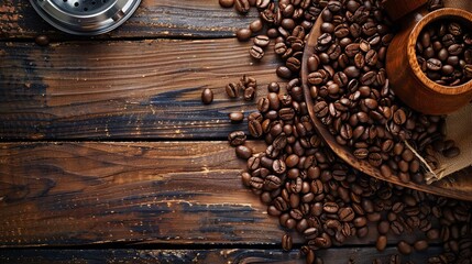 Poster - Coffee beans and grinders on a wooden table create the perfect atmosphere for coffee enthusiasts and brewers to explore their passion Generative AI