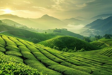 Aufkleber - Vibrant green tea plantations basking in morning sunlight along rolling hills with misty mountains in the background. Generative AI