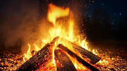 Wall Mural - fiery sparks flying from bonfire under glowing night light, isolated dynamic background, symbolic co