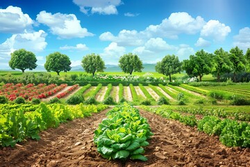 Aufkleber - Pastoral rural garden featuring vibrant rows of vegetables and fruit trees under a clear blue sky with fluffy clouds Generative AI