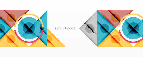 Wall Mural - Geometric abstract design with layered triangles, circles, and gradients, forming a structured pattern with sharp contrasts and depth