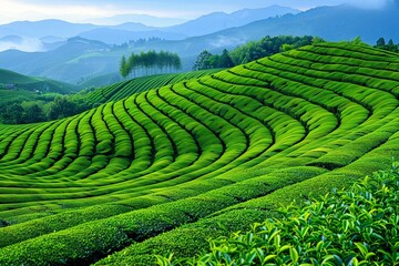 Aufkleber - Stunning green tea plantations with rolling hills and vibrant landscape in morning light. Generative AI