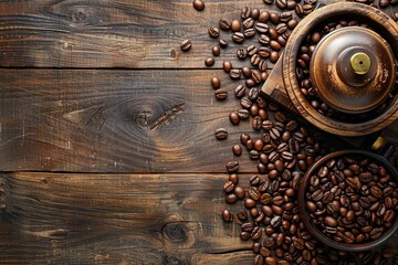 Poster - Discover the aroma and flavor of fresh coffee with beans and grinders on a rustic wooden table for coffee lovers Generative AI