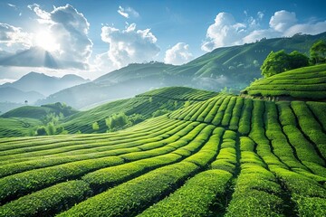 Poster - Lush green tea plantations under a bright sky filled with clouds near rolling hills during the daytime. Generative AI
