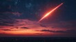 © Andreas - Red meteor streaks across night sky over city lights.