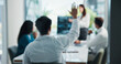 © peopleimages.com - Doctor, meeting and hands raised with presentation for question, answer or interaction in boardroom. People, medical workers or healthcare employees with team or engagement for ideas at hospital