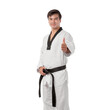 © suphaporn - Martial artist in white taekwondo uniform with black belt standing confidently, showing thumbs-up gesture, isolated on a transparent background, symbolizing discipline, strength, and determination