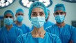 © Dasun - A team of healthcare professionals in scrubs and surgical caps, smiling warmly in a bright, sterile operating room, reflecting teamwork, expertise, and dedication.