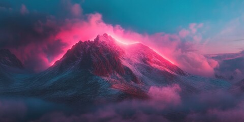 Leinwandbilder - Neon Wilderness Dreamscape Surreal Alpine Peak in Vibrant Vaporwave Aesthetic - Immersive Digital Art Exploring Climate Change and Atmospheric Transformation