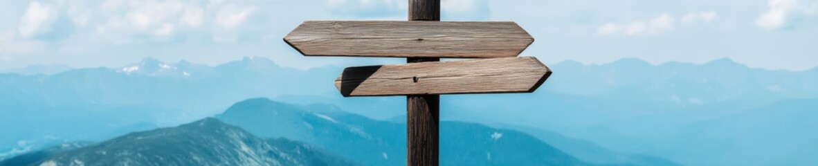 Aufkleber - Minimalist Wayfinding Concept Rustic Wooden Signpost Illustrating Decision-Making and Strategic Navigation Against Serene Mountain Landscape for Business Leadership Metaphor