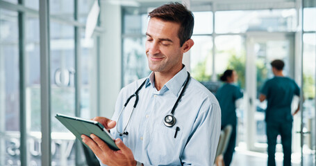 Aufkleber - Happy man, doctor and research with tablet for medical improvement, positive results or discovery at hospital. Male person, surgeon or healthcare professional with smile on technology for new study