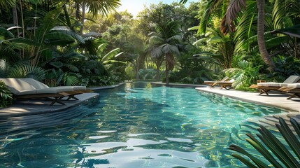 Fototapete - Exotic resort with crystal clear pool nestled in lush greenery invites relaxation and tranquility amid natures beauty Generative AI