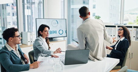 Aufkleber - Meeting, group and discussion with laptop, business or collaboration for financial performance or online. Planning, teamwork and people with tech for investment, accountant or colleagues in boardroom