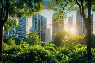 Fototapete - Innovative urban landscape showcasing eco-friendly technologies amid lush greenery in a vibrant city setting Generative AI