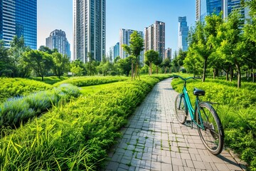 Fototapete - Eco-friendly urban park featuring bicycle paths and greenery in a sustainable city setting Generative AI