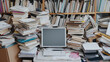 © pattozher - Overwhelmed by Information: A desk buried under a mountain of books and documents, with a computer in the center amidst the chaos. A visual representation of information overload