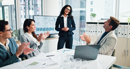 Fototapete - Accountant, finance or business people clapping in presentation for success, charts or capital growth. Goal, accounting profit or happy financial advisor with investor, graphs or directors for praise