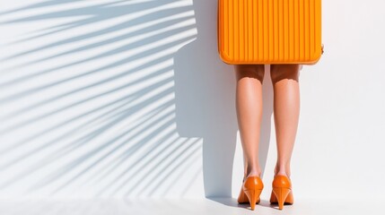 Poster - Minimalist Urban Mobility Vibrant Orange Luggage and Chic Heels - Empowered Professional Travel Aesthetic for Modern Workspace Nomads