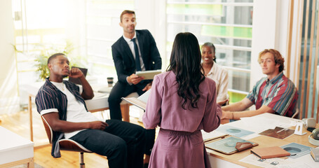 Poster - Professor, student and education speech in class for reading literature, studying and explain thesis. People, teacher and talking with book for learning notes, sharing knowledge and business course
