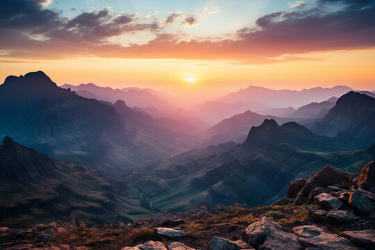 breathtaking sight of sun rising over a jagged mountain range, with soft colors of morning light painting peaks and valleys