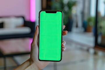 Sharp Picture of Woman Holding Mobile Phone with Green Screen in Hand