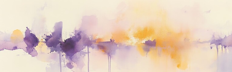Poster - Soft pastel amber and purple watercolor abstraction capturing a serene landscape at sunset