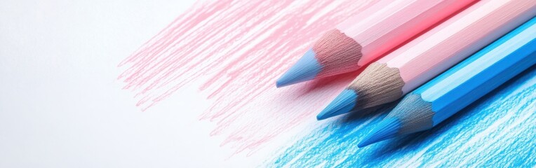 Poster - Colorful pencils lying on a soft pencil strokes background create a vibrant contrast in artistic expression of blue and pink hues