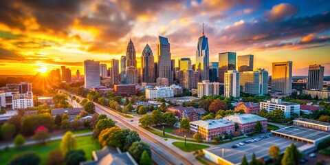 Wall Mural - miniature charlotte skyline at sunset - tilt-shift photography