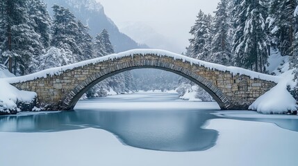 Poster - Snow-covered bridge arches over a still river in a serene winter landscape surrounded by evergreen trees